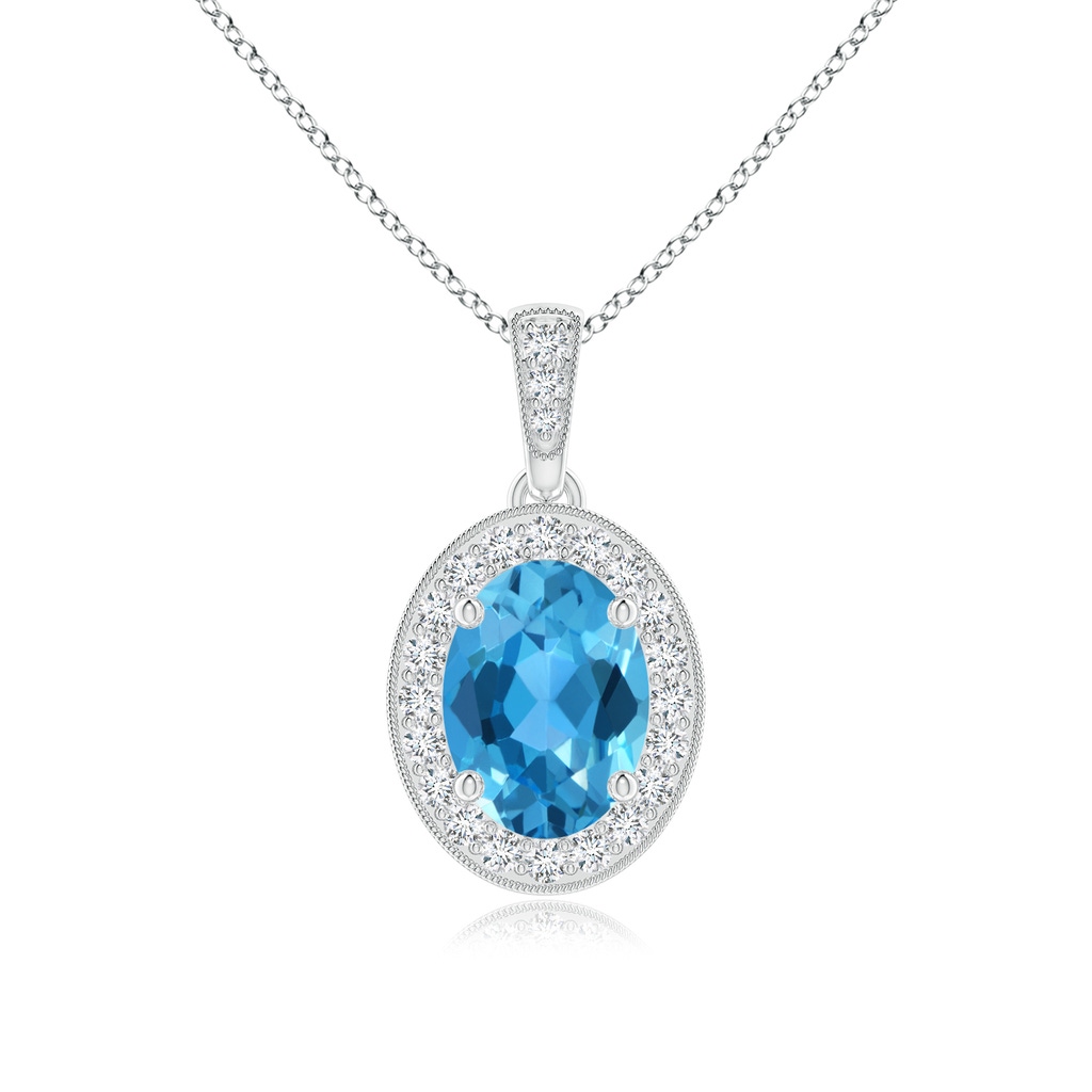8x6mm AAA Vintage Style Oval Swiss Blue Topaz Pendant with Diamond Halo in White Gold