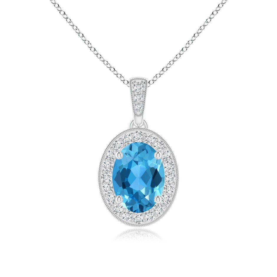 8x6mm AAA Vintage Style Oval Swiss Blue Topaz Pendant with Diamond Halo in White Gold 