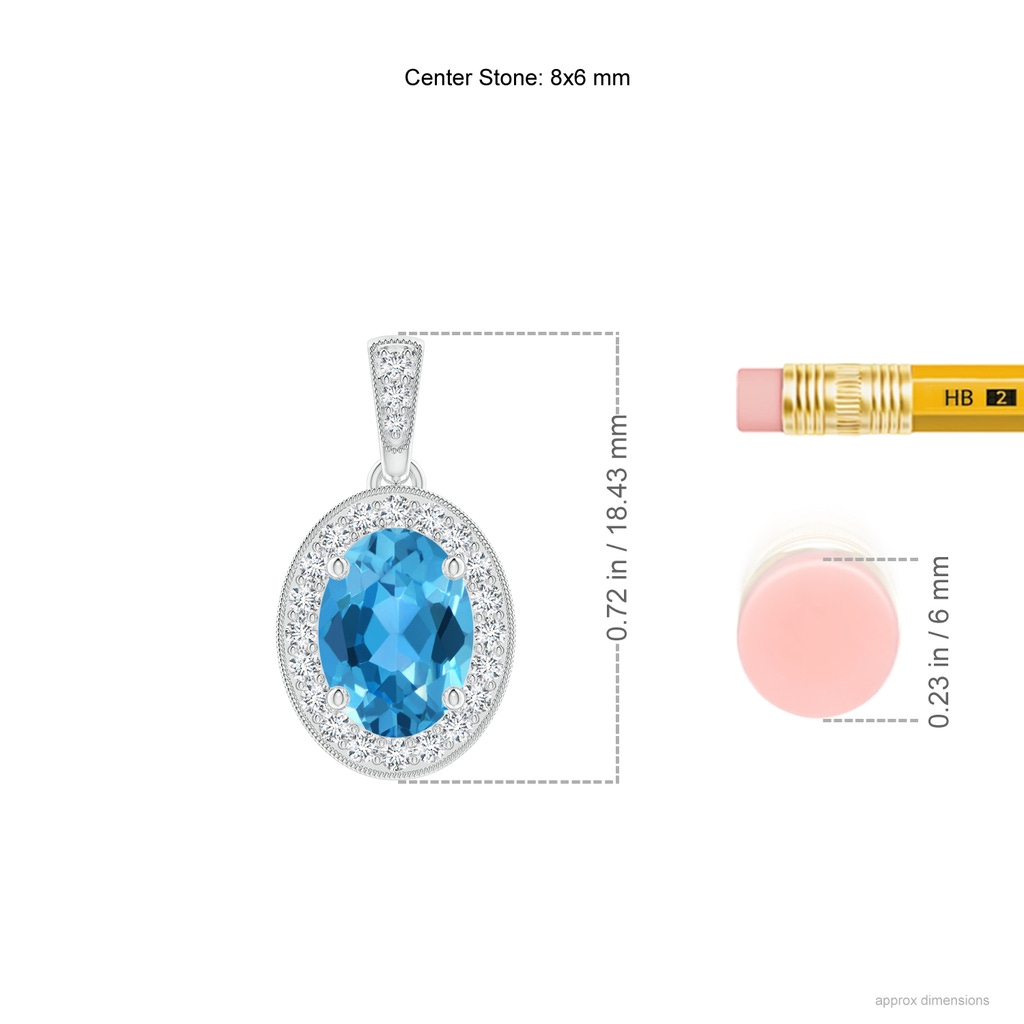 8x6mm AAA Vintage Style Oval Swiss Blue Topaz Pendant with Diamond Halo in White Gold Ruler