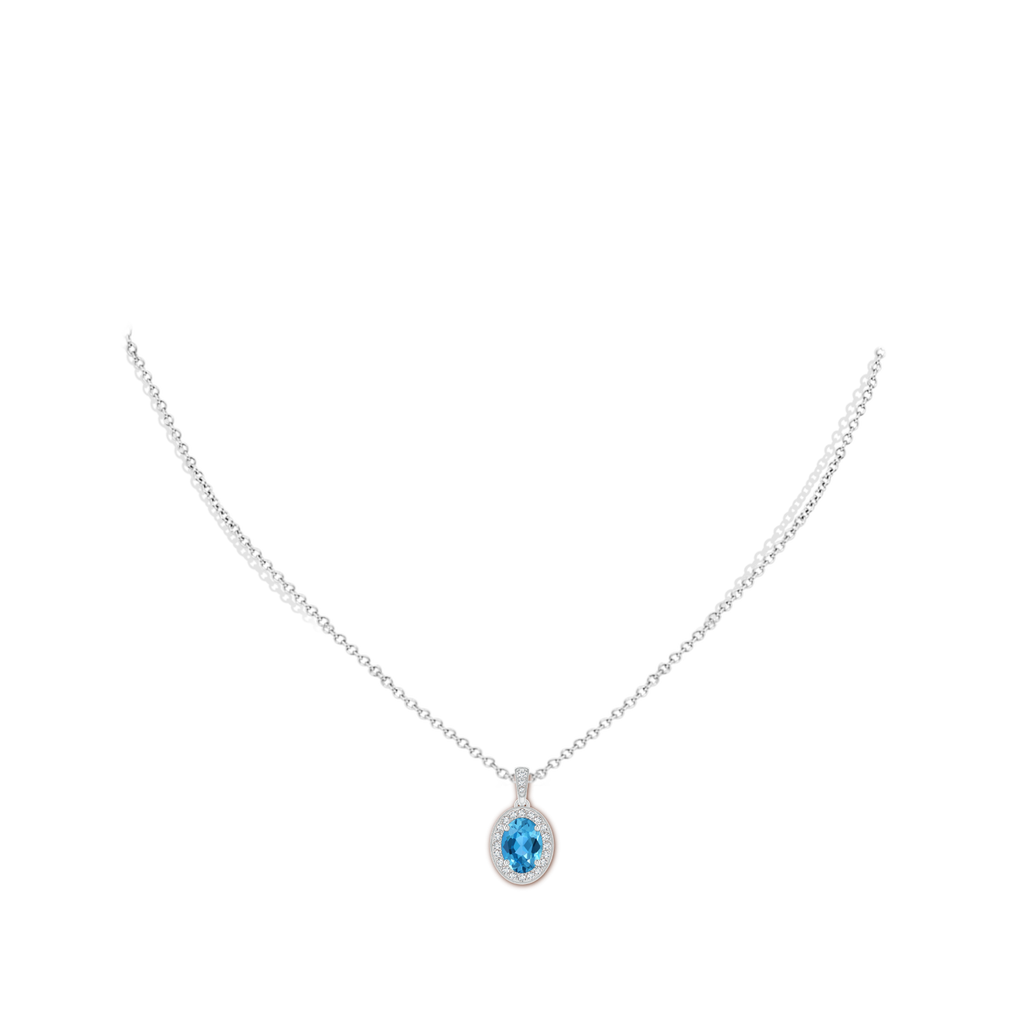 8x6mm AAA Vintage Style Oval Swiss Blue Topaz Pendant with Diamond Halo in White Gold Body-Neck