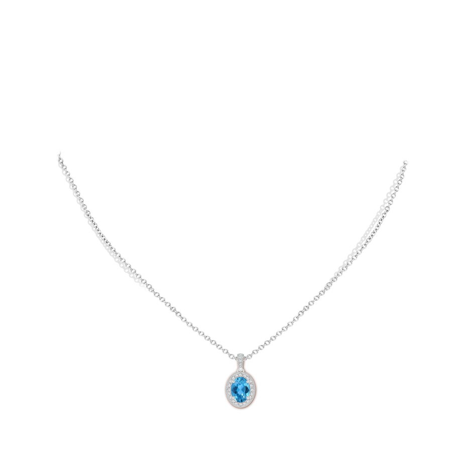 8x6mm AAA Vintage Style Oval Swiss Blue Topaz Pendant with Diamond Halo in White Gold body-neck