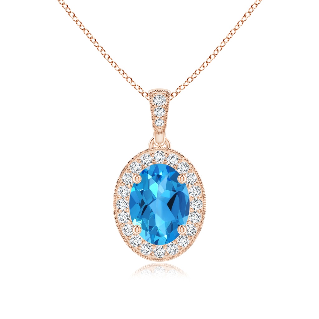 8x6mm AAAA Vintage Style Oval Swiss Blue Topaz Pendant with Diamond Halo in Rose Gold