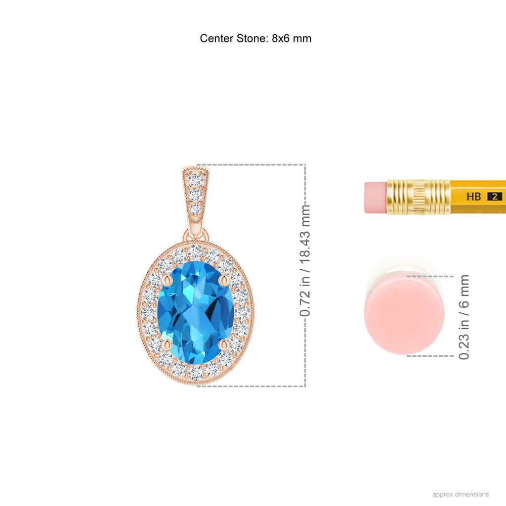 8x6mm AAAA Vintage Style Oval Swiss Blue Topaz Pendant with Diamond Halo in Rose Gold Product Image