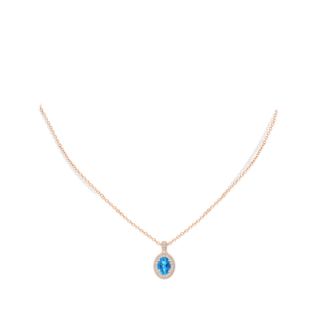 8x6mm AAAA Vintage Style Oval Swiss Blue Topaz Pendant with Diamond Halo in Rose Gold Body-Neck