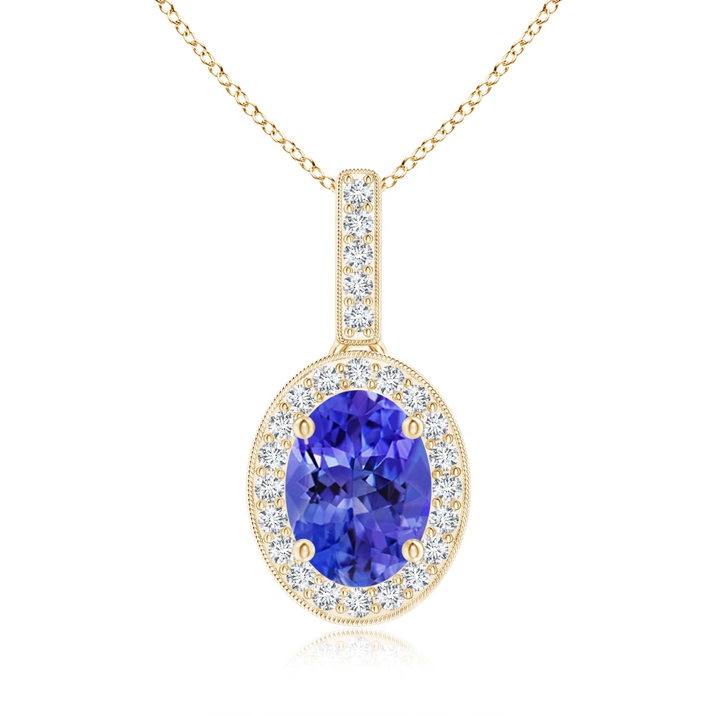 8x6mm AAA Vintage Style Oval Tanzanite Pendant with Diamond Halo in Yellow Gold