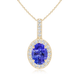 8x6mm AAA Vintage Style Oval Tanzanite Pendant with Diamond Halo in Yellow Gold