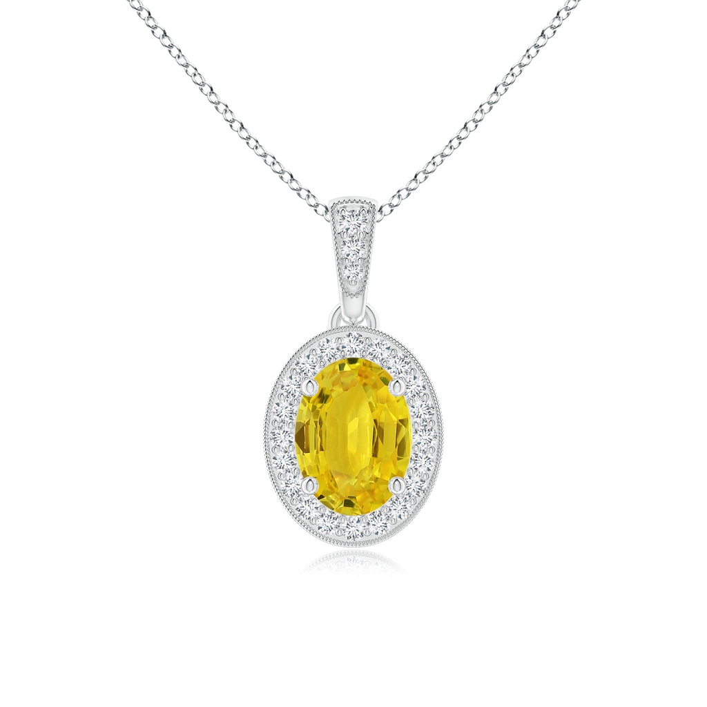 7x5mm AAA Vintage Style Oval Yellow Sapphire Pendant with Diamond Halo in White Gold