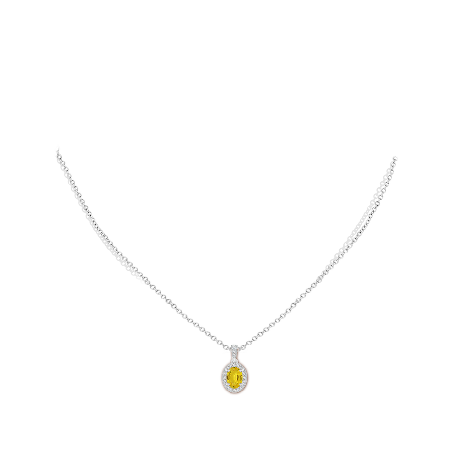 7x5mm AAA Vintage Style Oval Yellow Sapphire Pendant with Diamond Halo in White Gold body-neck