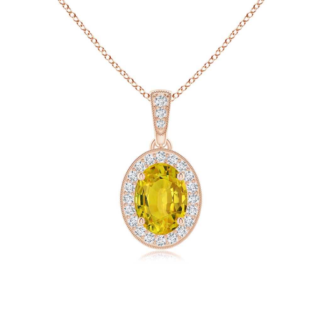 7x5mm AAAA Vintage Style Oval Yellow Sapphire Pendant with Diamond Halo in Rose Gold