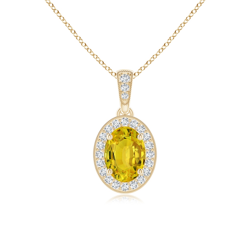7x5mm AAAA Vintage Style Oval Yellow Sapphire Pendant with Diamond Halo in Yellow Gold