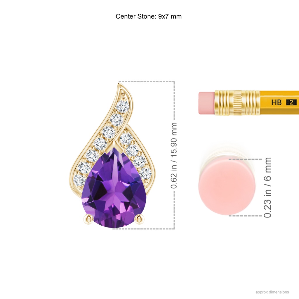 9x7mm AAAA Solitaire Pear-Shaped Amethyst Flame Pendant in Yellow Gold Ruler