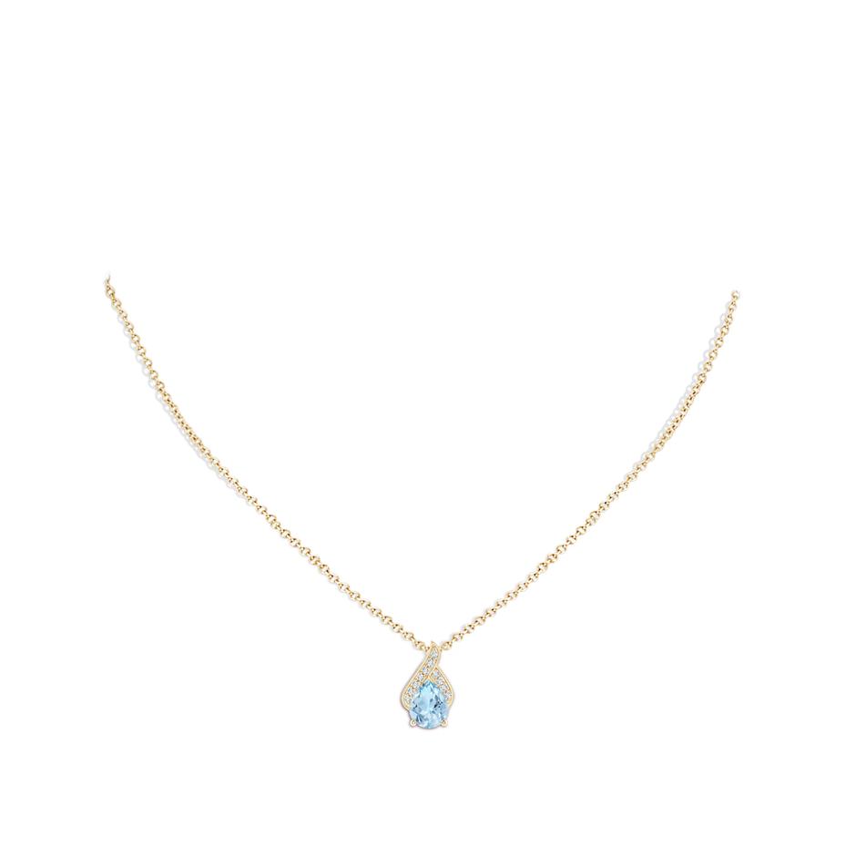 9x7mm AAA Solitaire Pear-Shaped Aquamarine Flame Pendant in Yellow Gold body-neck