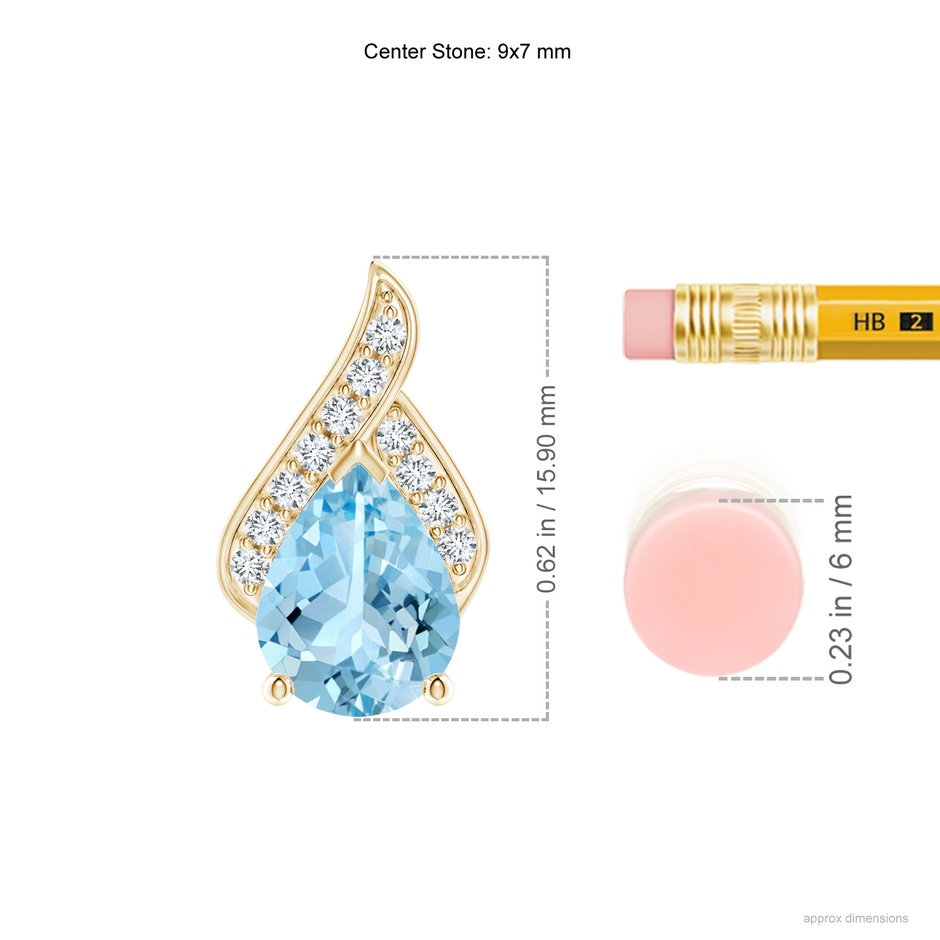 9x7mm AAAA Solitaire Pear-Shaped Aquamarine Flame Pendant in Yellow Gold ruler