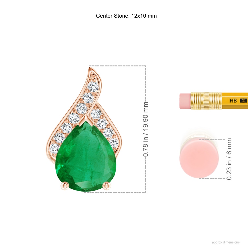 12x10mm AA Solitaire Pear-Shaped Emerald Flame Pendant in Rose Gold ruler