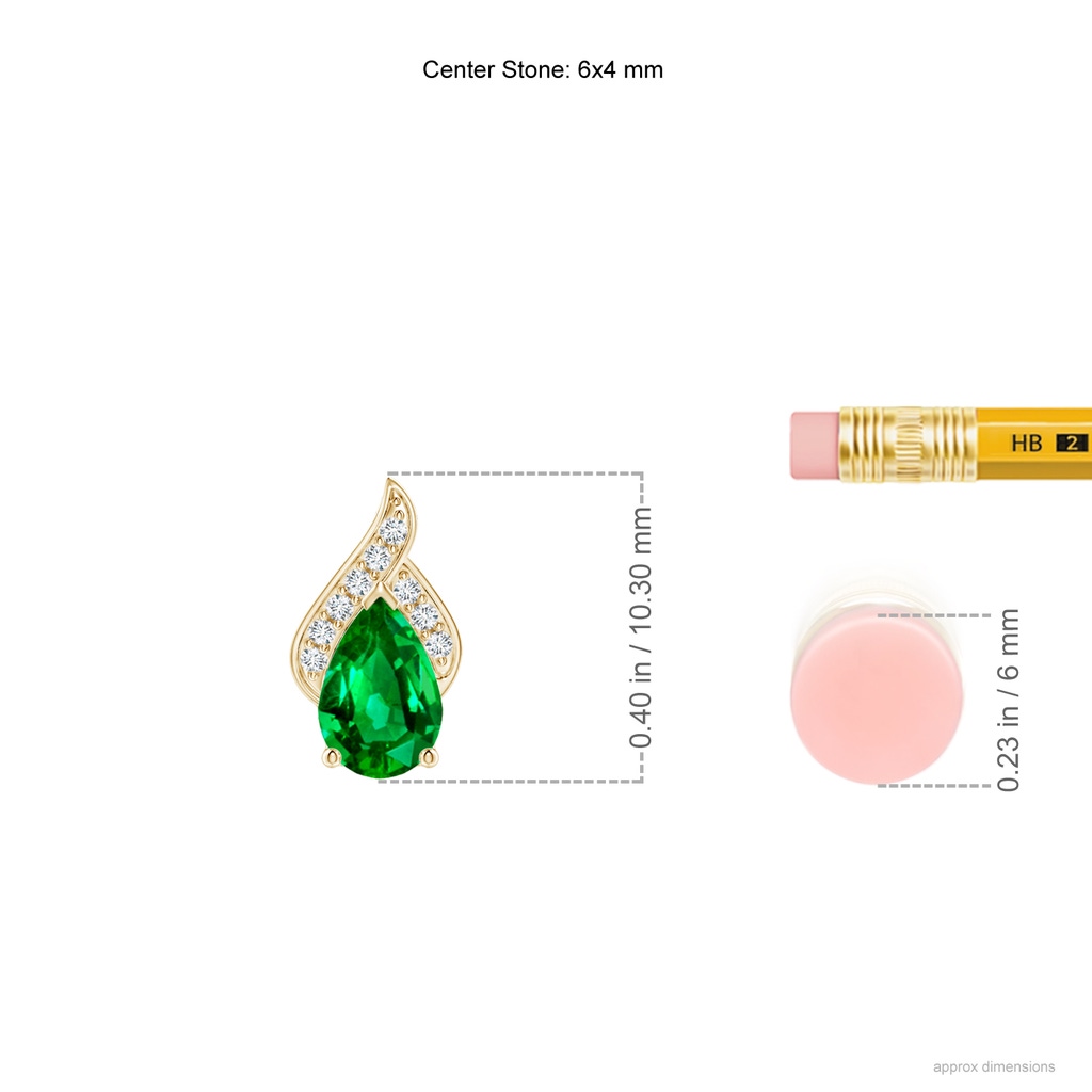 6x4mm AAAA Solitaire Pear-Shaped Emerald Flame Pendant in Yellow Gold ruler