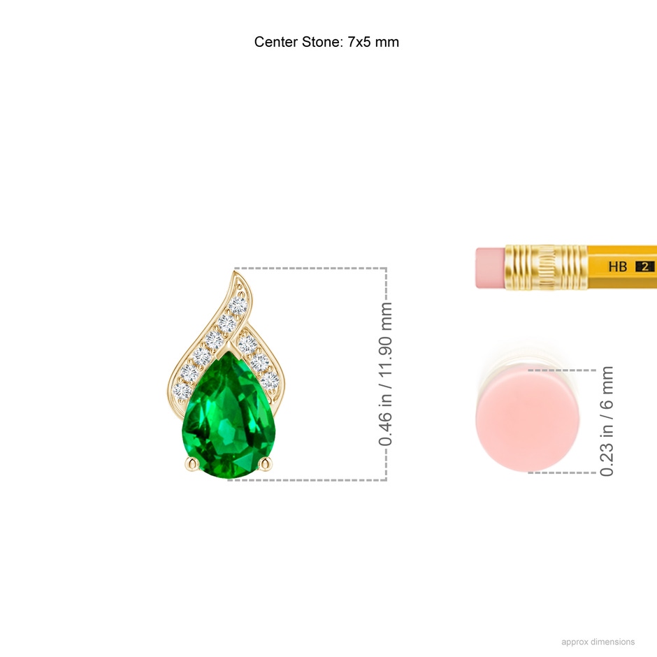 7x5mm AAAA Solitaire Pear-Shaped Emerald Flame Pendant in Yellow Gold ruler