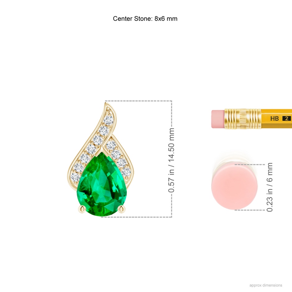 8x6mm AAA Solitaire Pear-Shaped Emerald Flame Pendant in Yellow Gold ruler