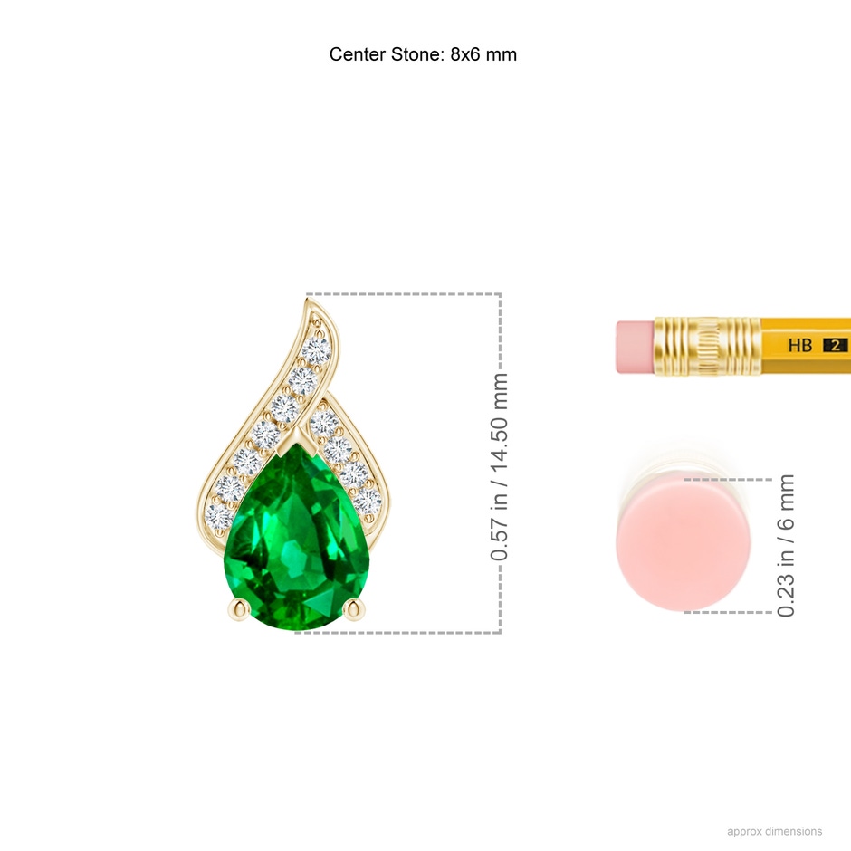8x6mm AAAA Solitaire Pear-Shaped Emerald Flame Pendant in Yellow Gold ruler