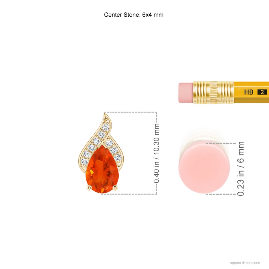 6x4mm AAA Solitaire Pear-Shaped Fire Opal Flame Pendant in Yellow Gold ruler