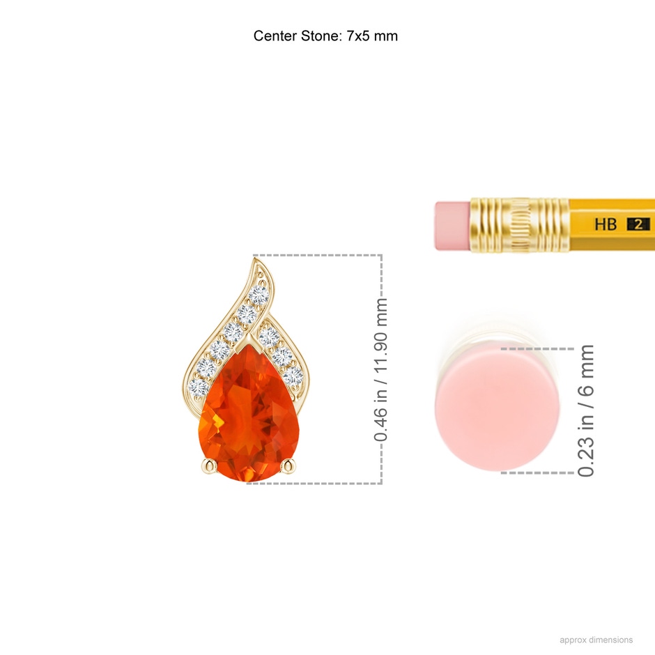7x5mm AAA Solitaire Pear-Shaped Fire Opal Flame Pendant in Yellow Gold ruler