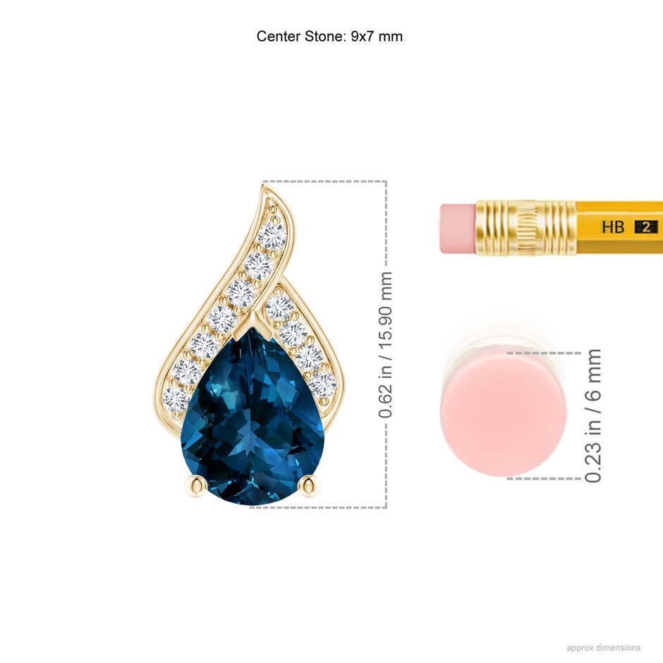 9x7mm AAAA Solitaire Pear-Shaped London Blue Topaz Flame Pendant in Yellow Gold ruler