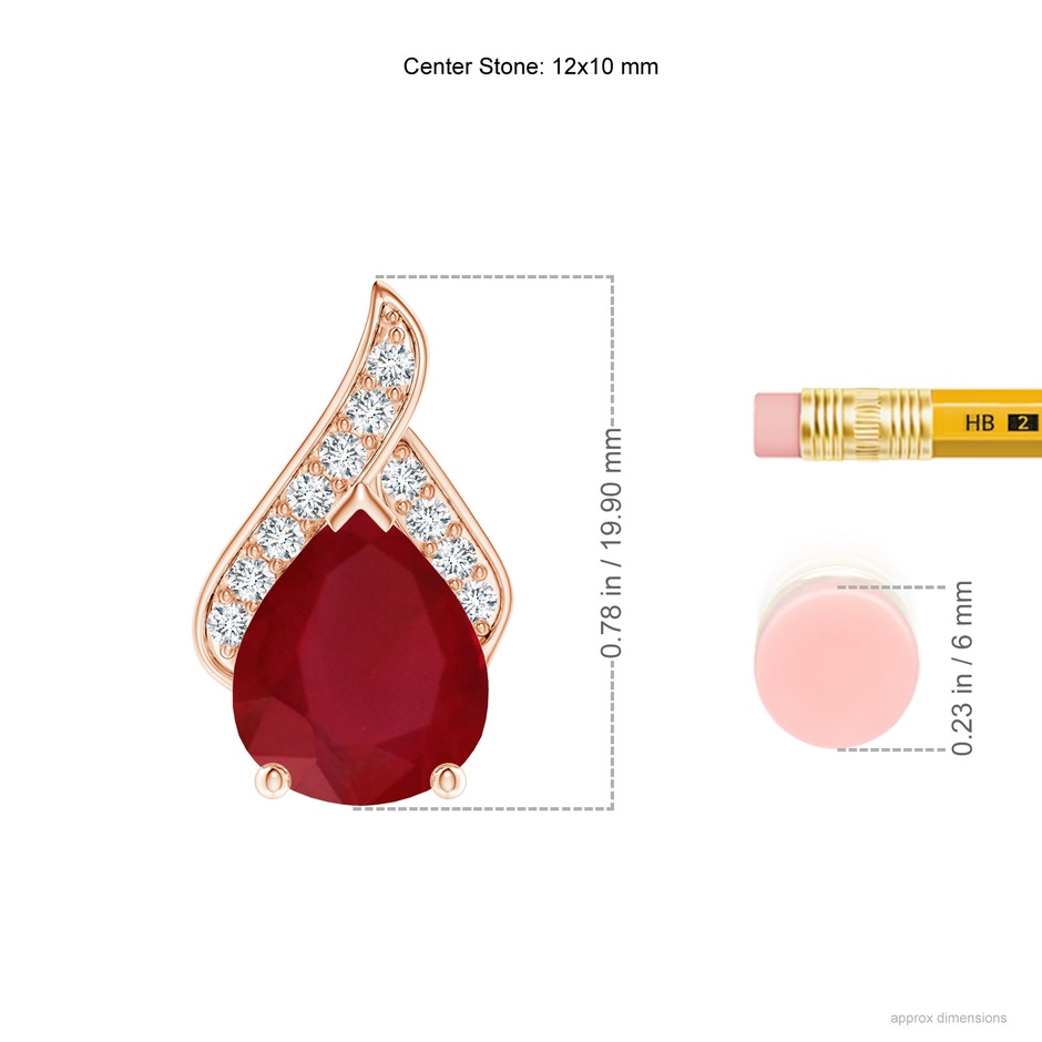 12x10mm AA Solitaire Pear-Shaped Ruby Flame Pendant in Rose Gold ruler