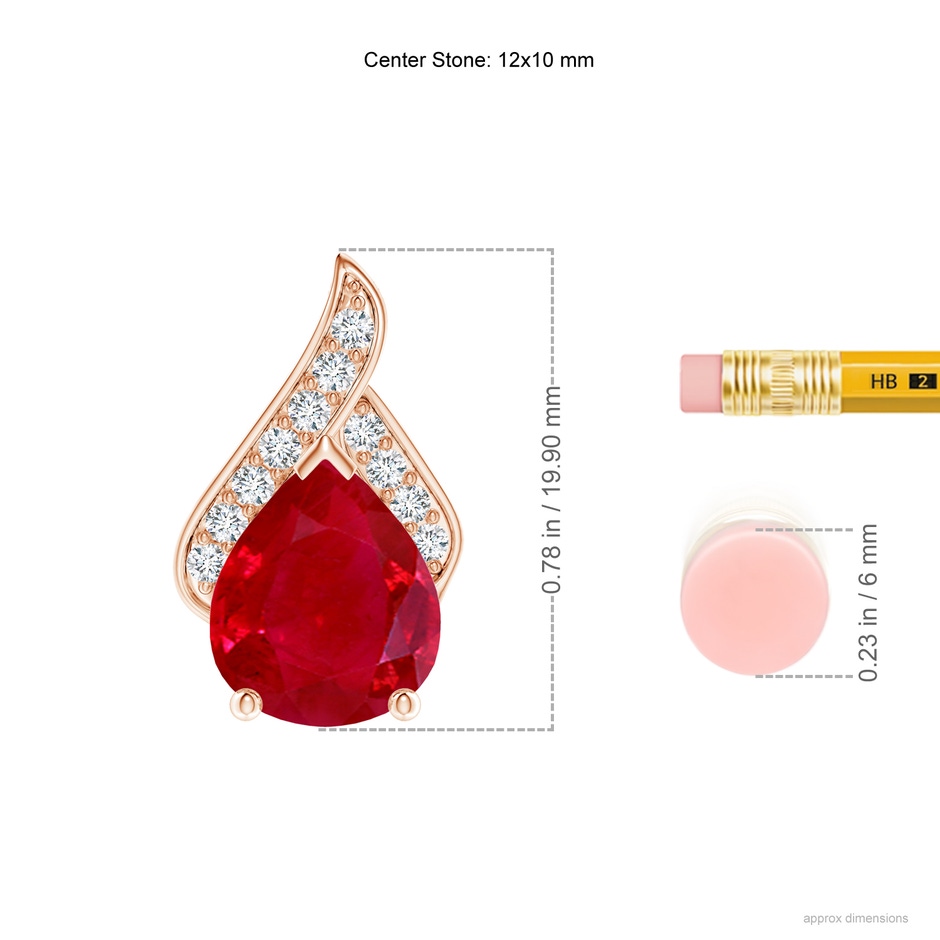12x10mm AAA Solitaire Pear-Shaped Ruby Flame Pendant in Rose Gold ruler