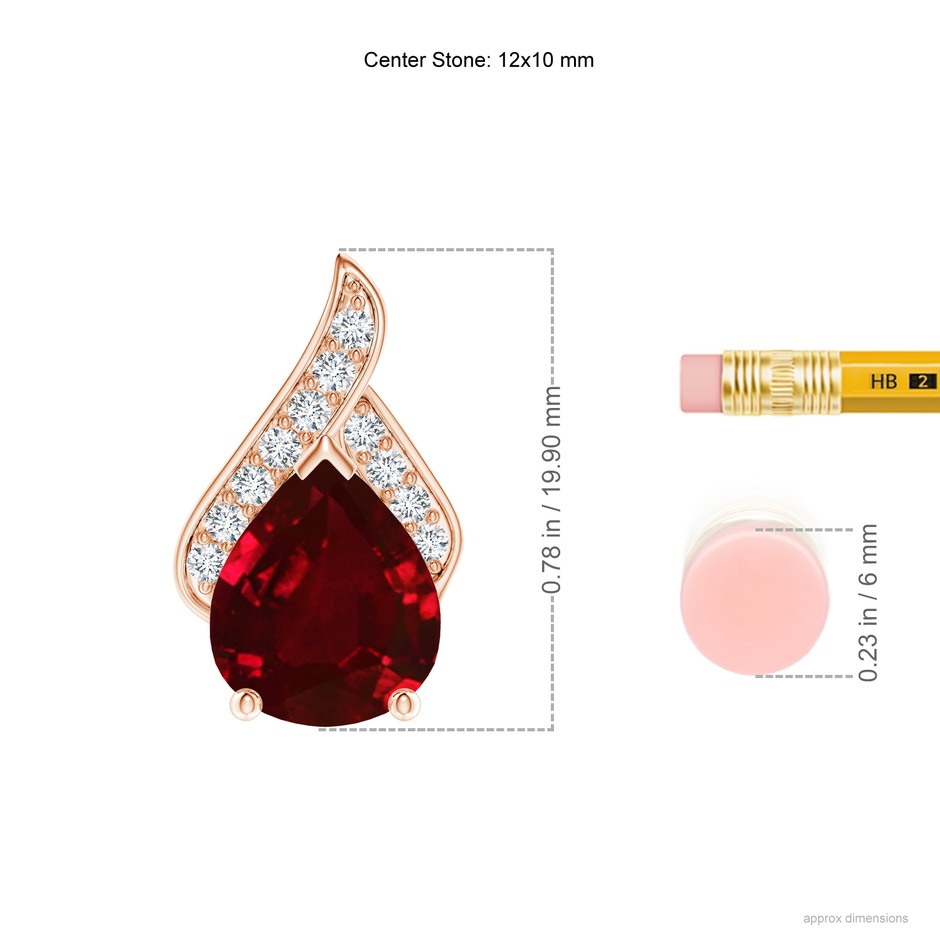12x10mm AAAA Solitaire Pear-Shaped Ruby Flame Pendant in Rose Gold ruler