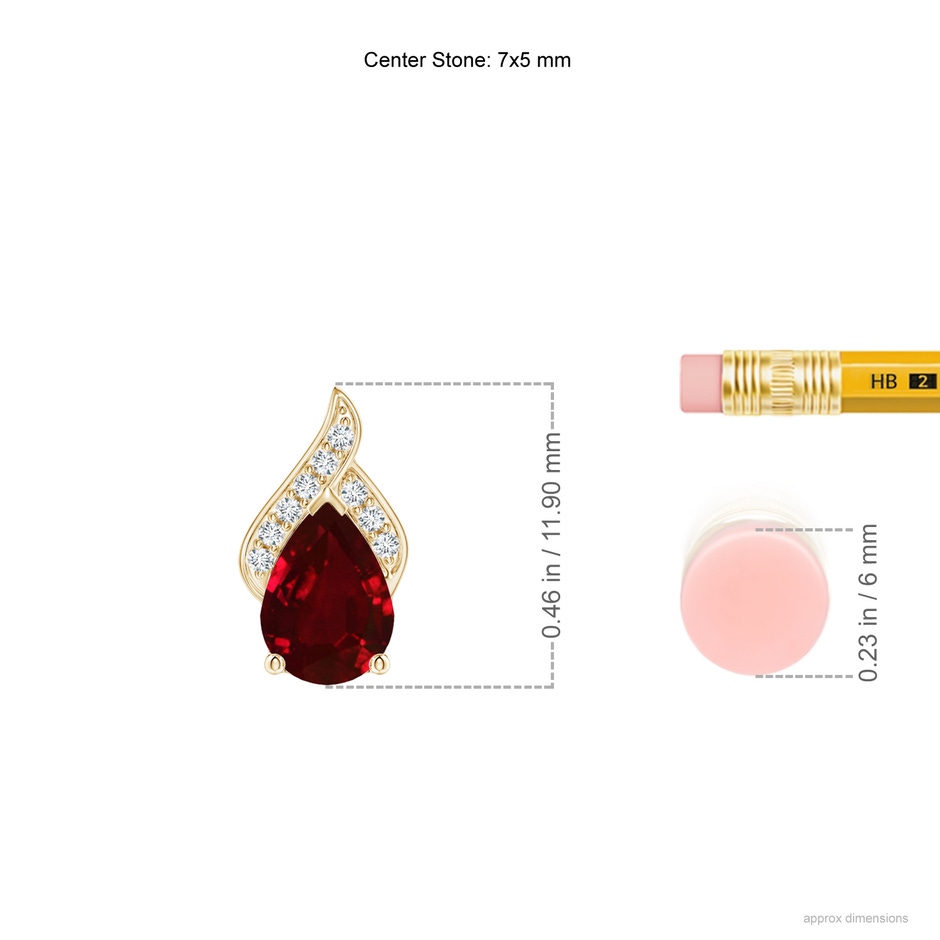 7x5mm AAAA Solitaire Pear-Shaped Ruby Flame Pendant in Yellow Gold ruler