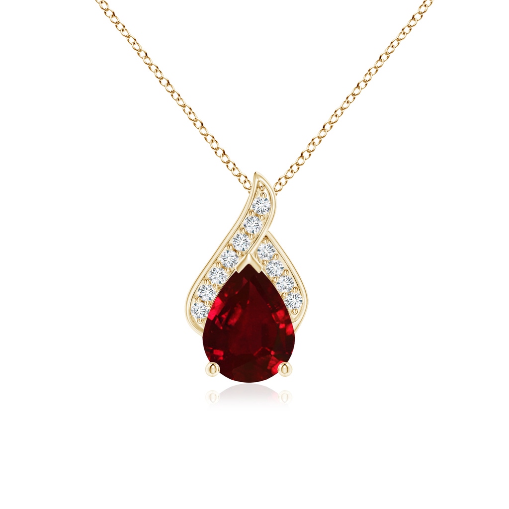 8x6mm AAAA Solitaire Pear-Shaped Ruby Flame Pendant in Yellow Gold