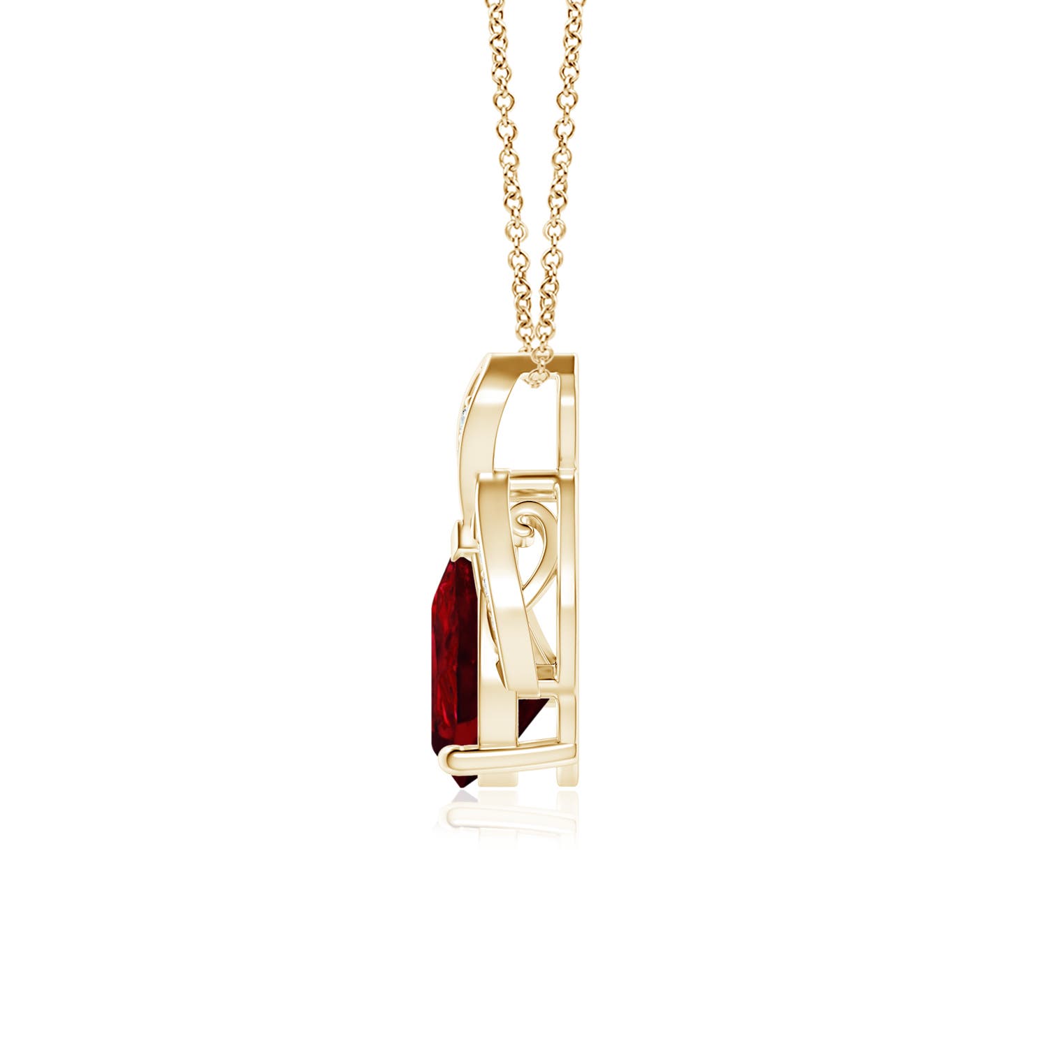 8x6mm AAAA Solitaire Pear-Shaped Ruby Flame Pendant in Yellow Gold - side 3