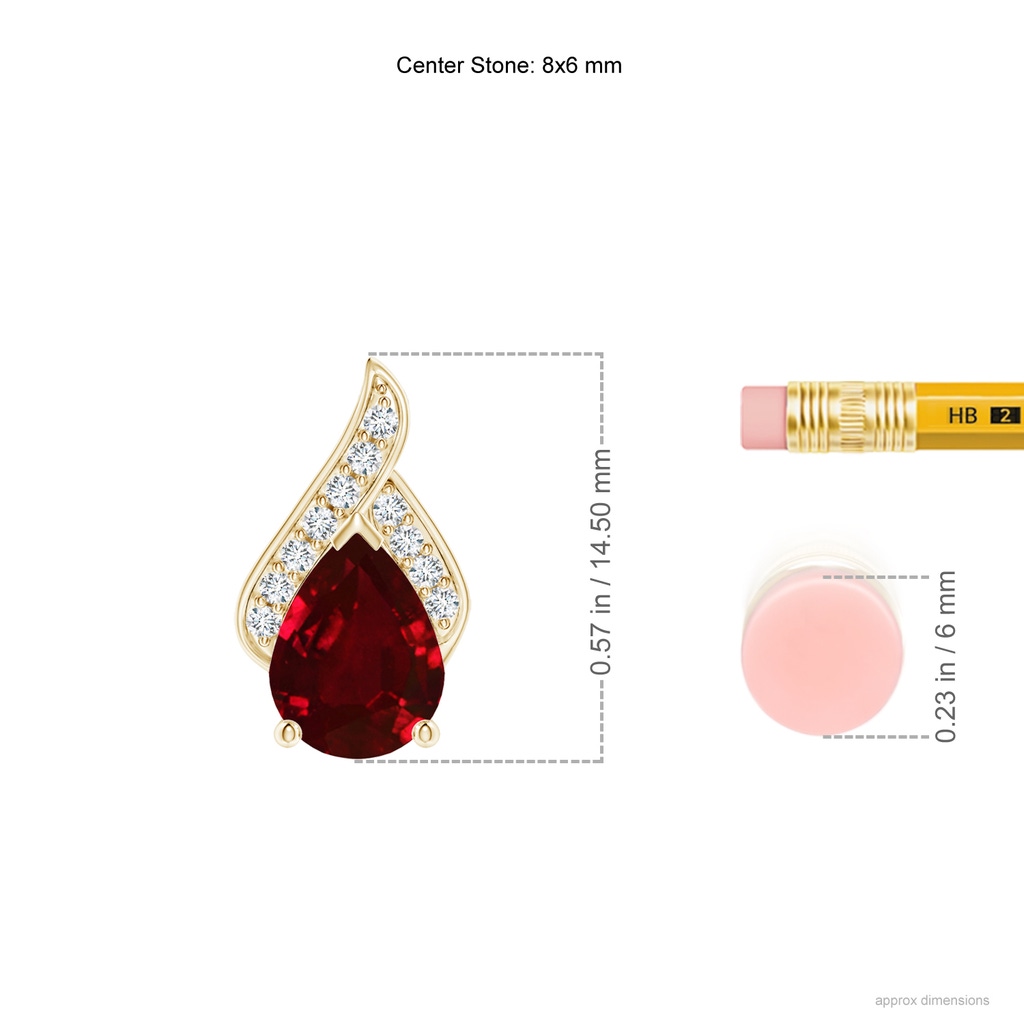 8x6mm AAAA Solitaire Pear-Shaped Ruby Flame Pendant in Yellow Gold ruler
