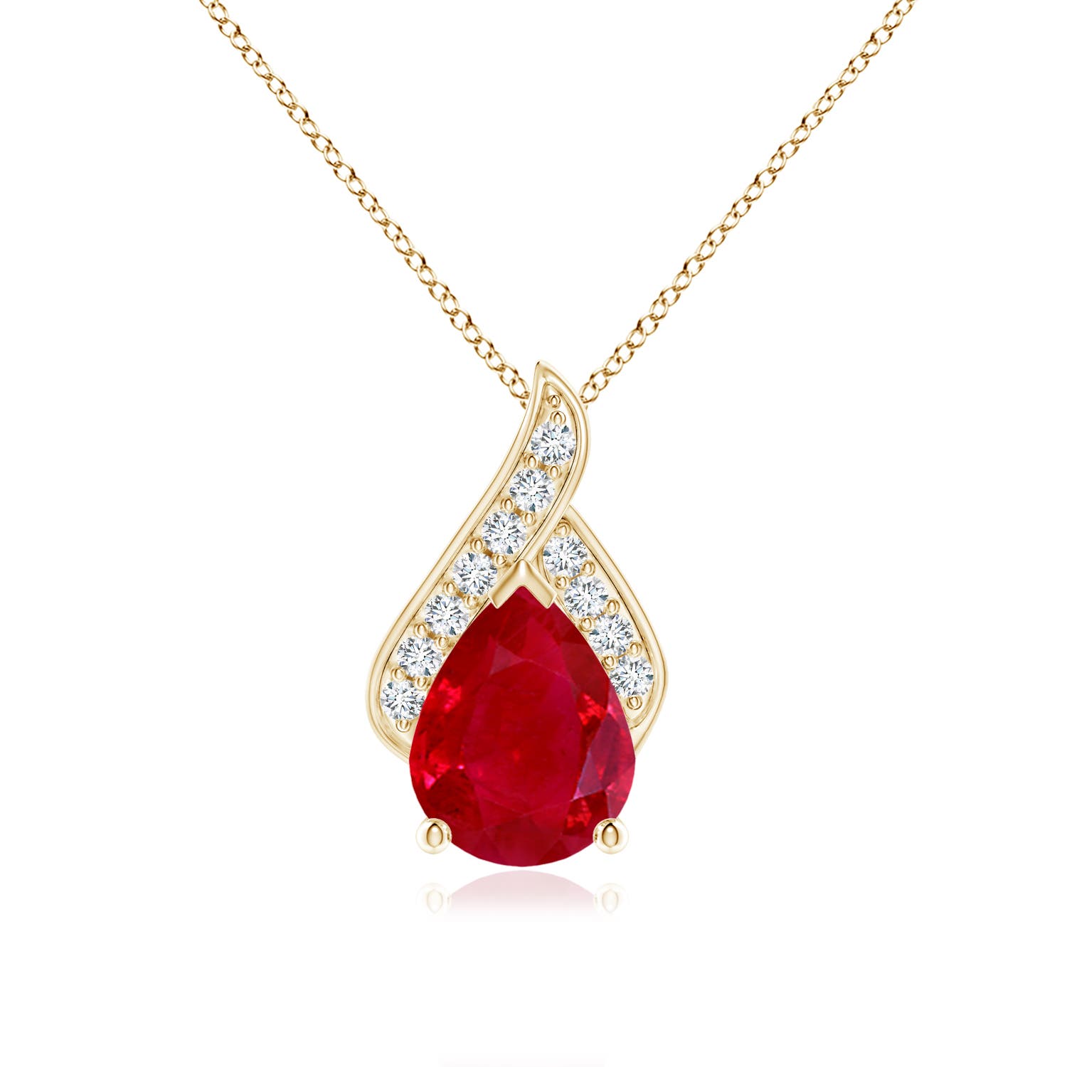 9x7mm AAA Solitaire Pear-Shaped Ruby Flame Pendant in Yellow Gold