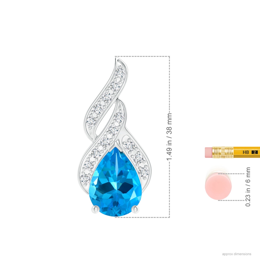 16.16x11.12x7.40mm AAAA GIA Certified Swiss Blue Topaz Teardrop Flame Pendant with Diamonds in White Gold ruler