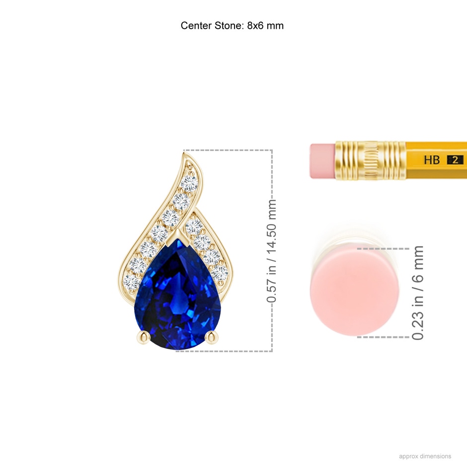8x6mm Lab-Grown Solitaire Pear-Shaped Blue Sapphire Flame Pendant in Yellow Gold ruler