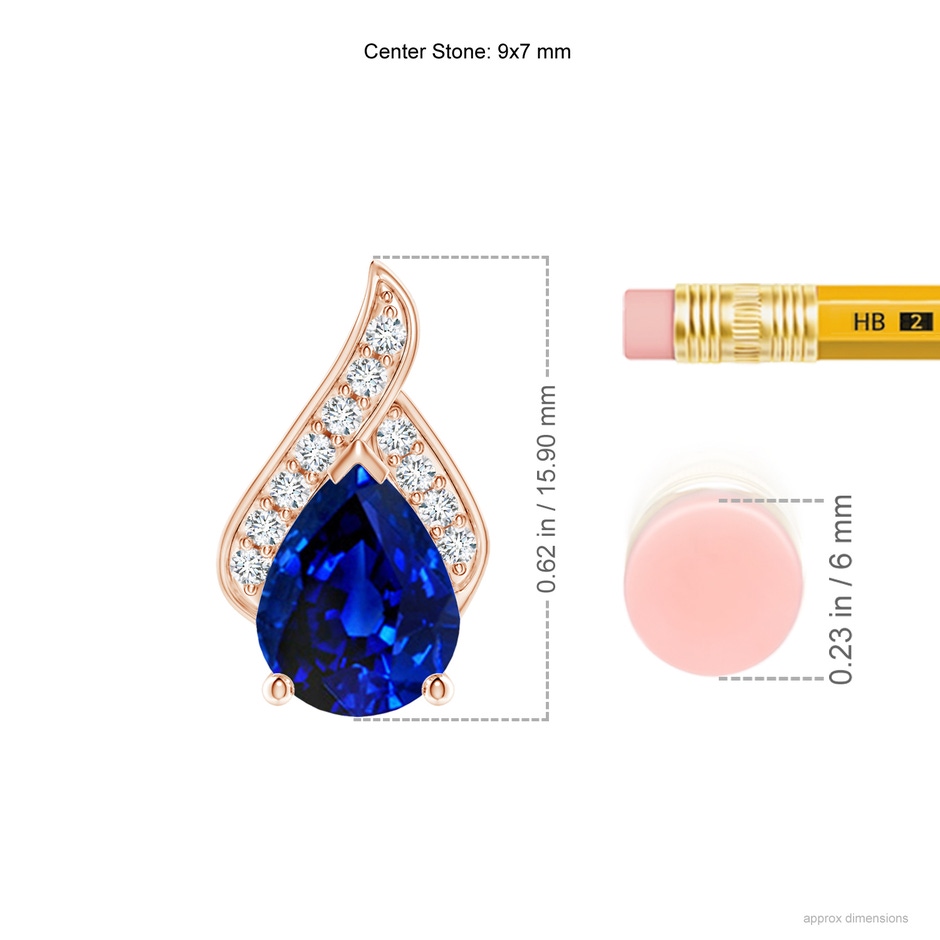 9x7mm Lab-Grown Solitaire Pear-Shaped Blue Sapphire Flame Pendant in Rose Gold ruler