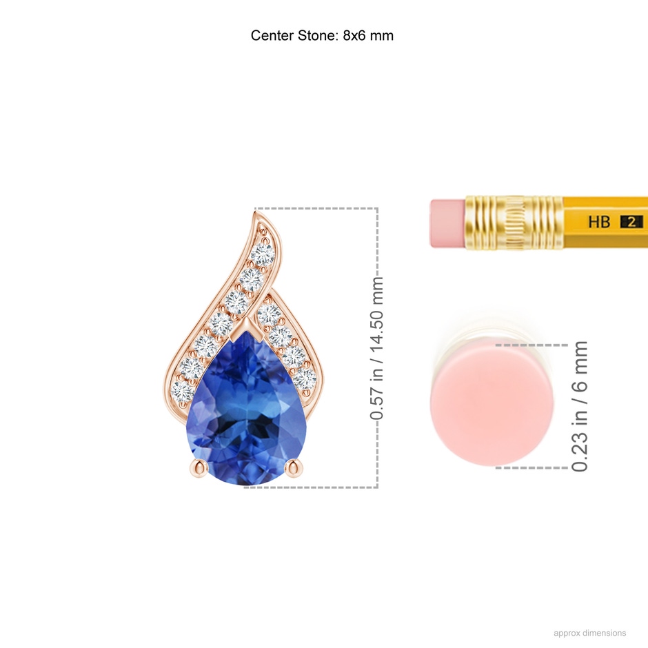 8x6mm AA Solitaire Pear-Shaped Tanzanite Flame Pendant in Rose Gold ruler