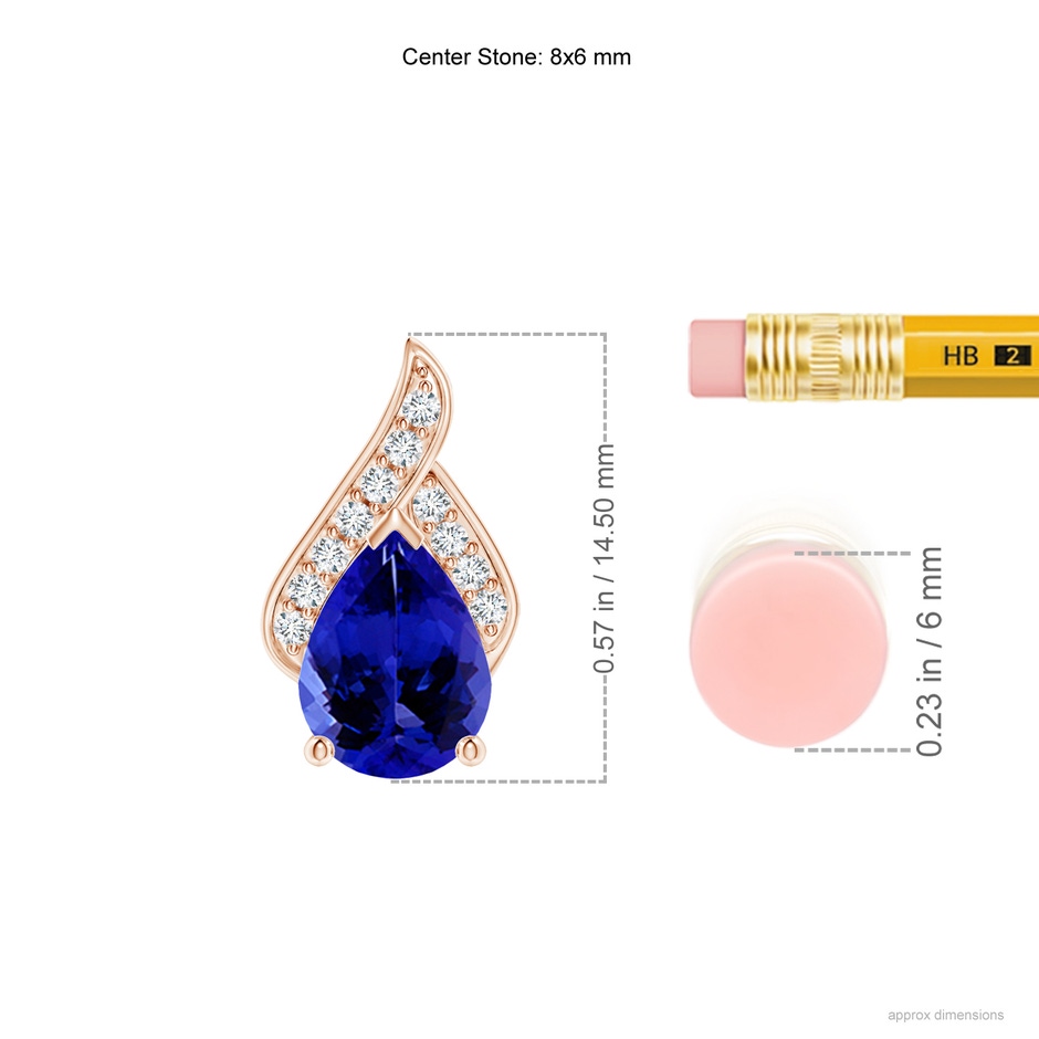 8x6mm AAAA Solitaire Pear-Shaped Tanzanite Flame Pendant in Rose Gold ruler