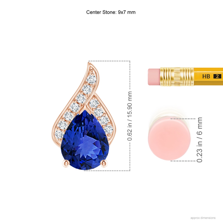 9x7mm AAA Solitaire Pear-Shaped Tanzanite Flame Pendant in Rose Gold ruler