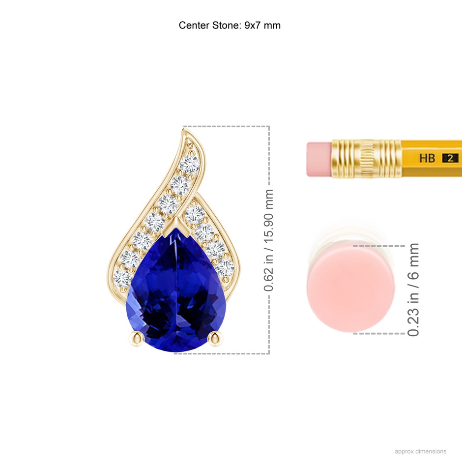 9x7mm AAAA Solitaire Pear-Shaped Tanzanite Flame Pendant in Yellow Gold ruler