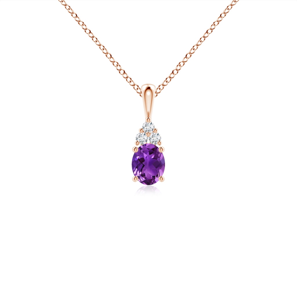 5x4mm AAAA Oval Amethyst Solitaire Pendant with Trio Diamond in Rose Gold