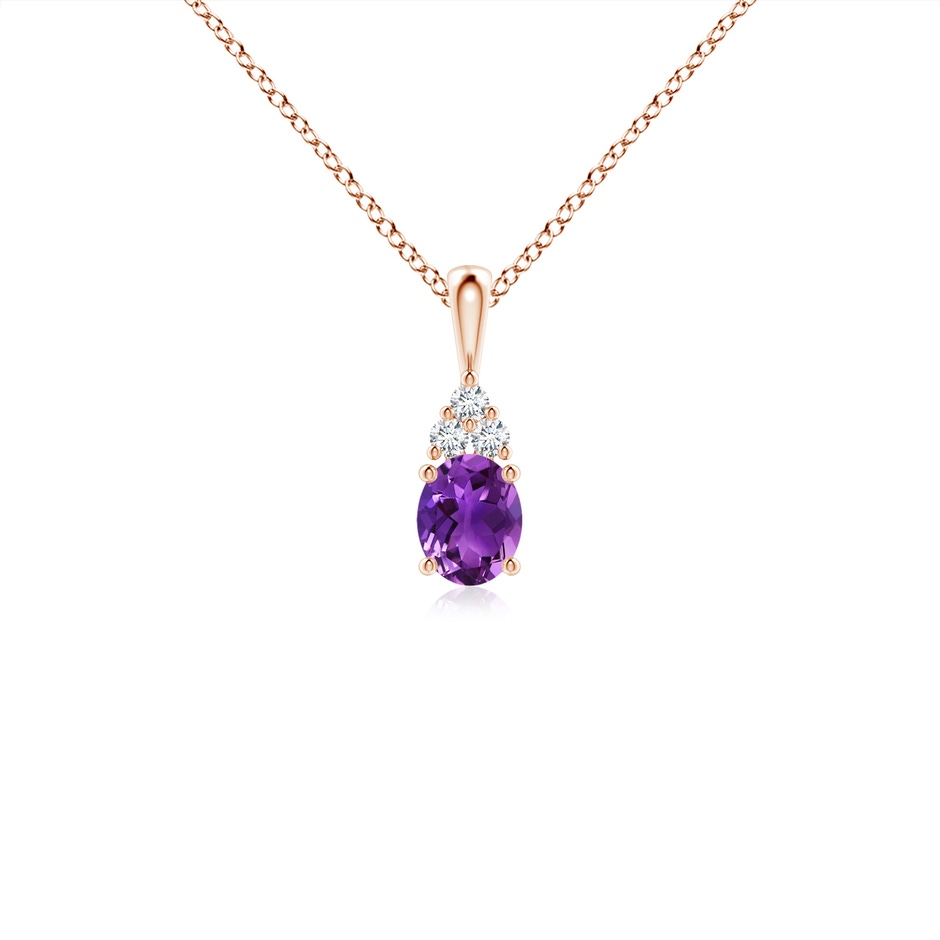 5x4mm AAAA Oval Amethyst Solitaire Pendant with Trio Diamond in Rose Gold 