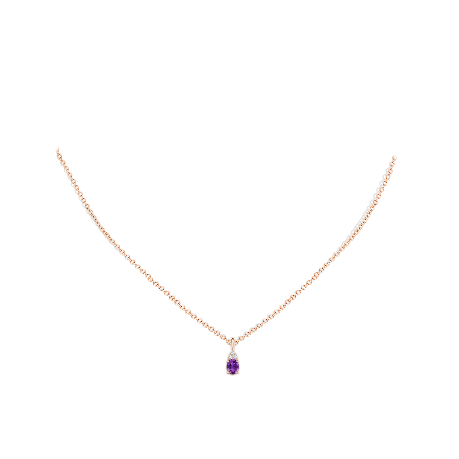 5x4mm AAAA Oval Amethyst Solitaire Pendant with Trio Diamond in Rose Gold body-neck