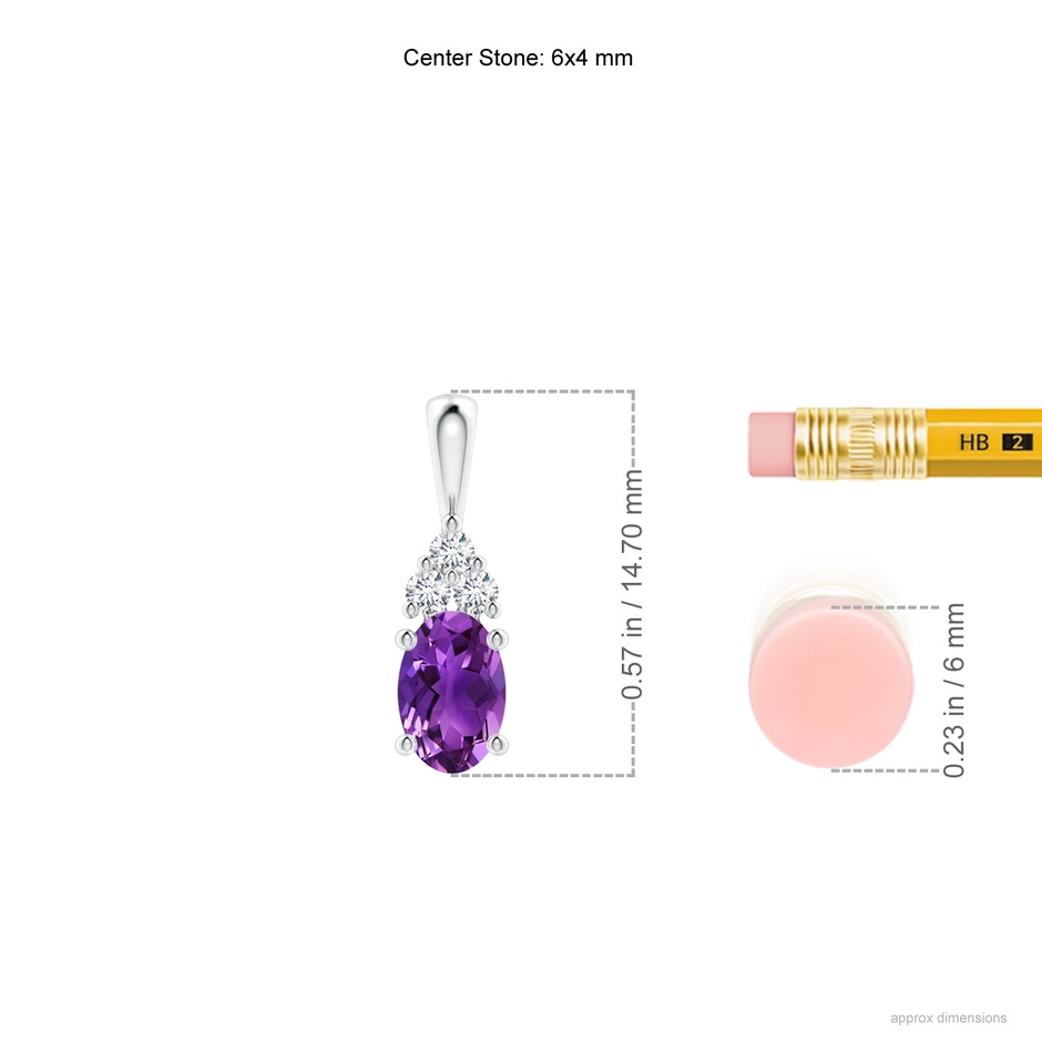 6x4mm AAAA Oval Amethyst Solitaire Pendant with Trio Diamond in White Gold ruler