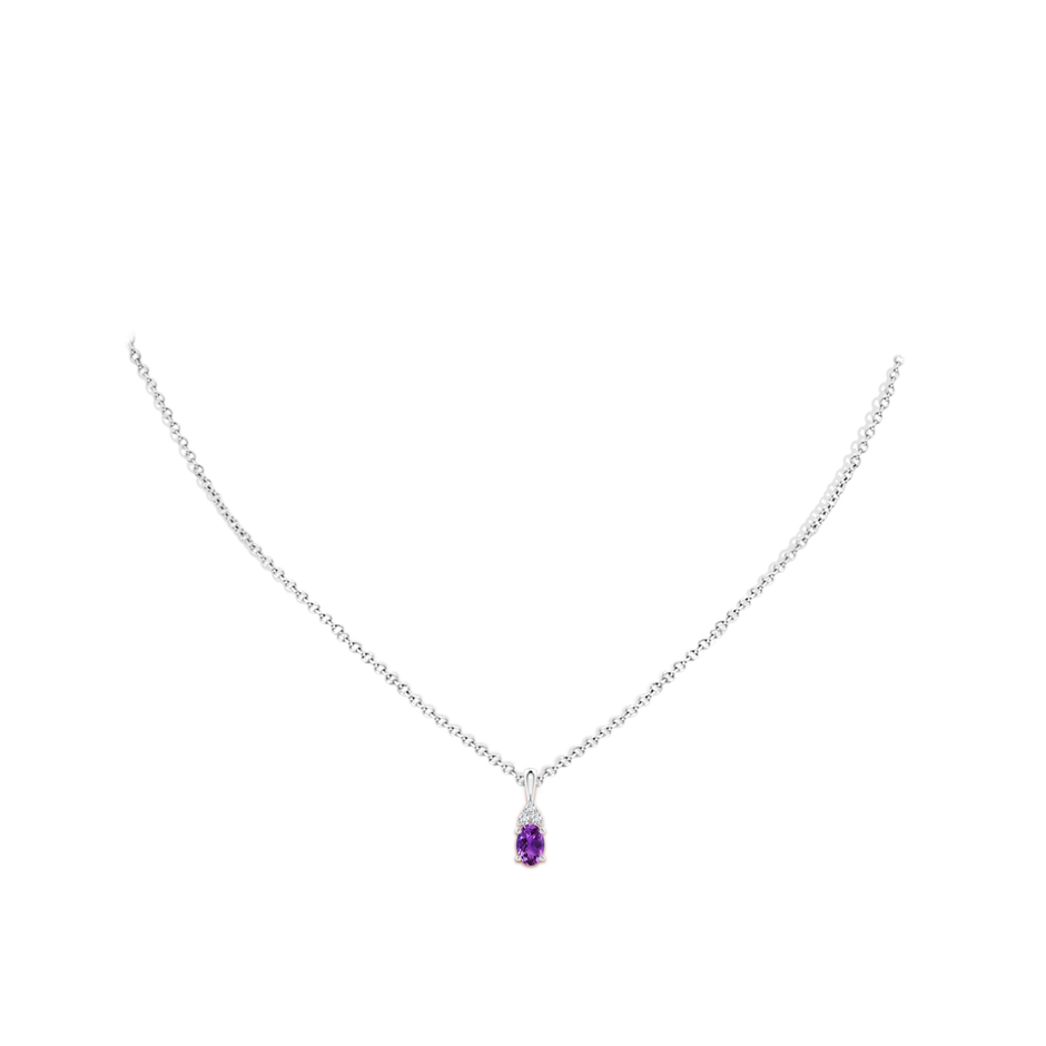 6x4mm AAAA Oval Amethyst Solitaire Pendant with Trio Diamond in White Gold body-neck