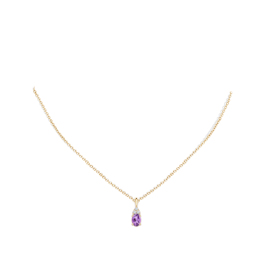 7x5mm A Oval Amethyst Solitaire Pendant with Trio Diamond in Yellow Gold body-neck