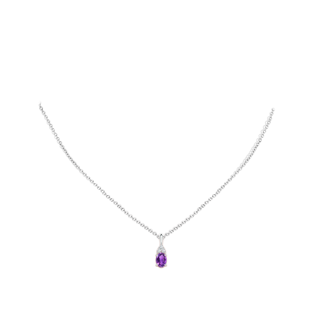 7x5mm AAA Oval Amethyst Solitaire Pendant with Trio Diamond in White Gold Body-Neck