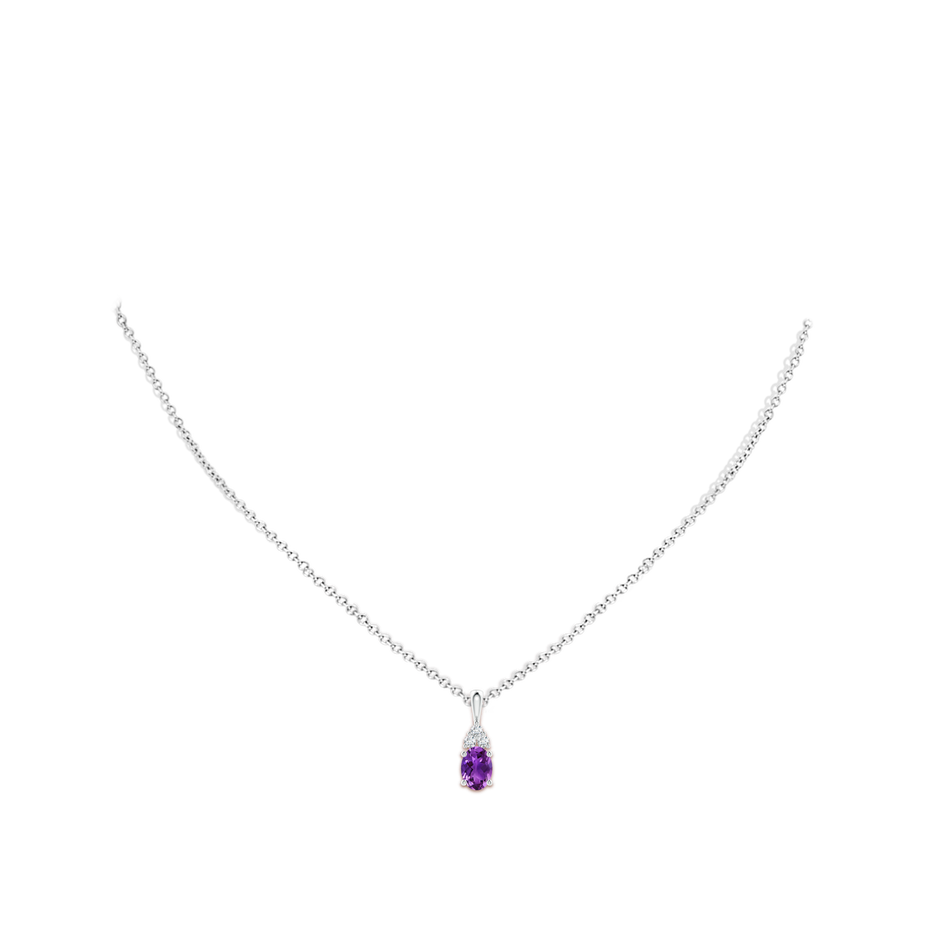 7x5mm AAAA Oval Amethyst Solitaire Pendant with Trio Diamond in White Gold body-neck