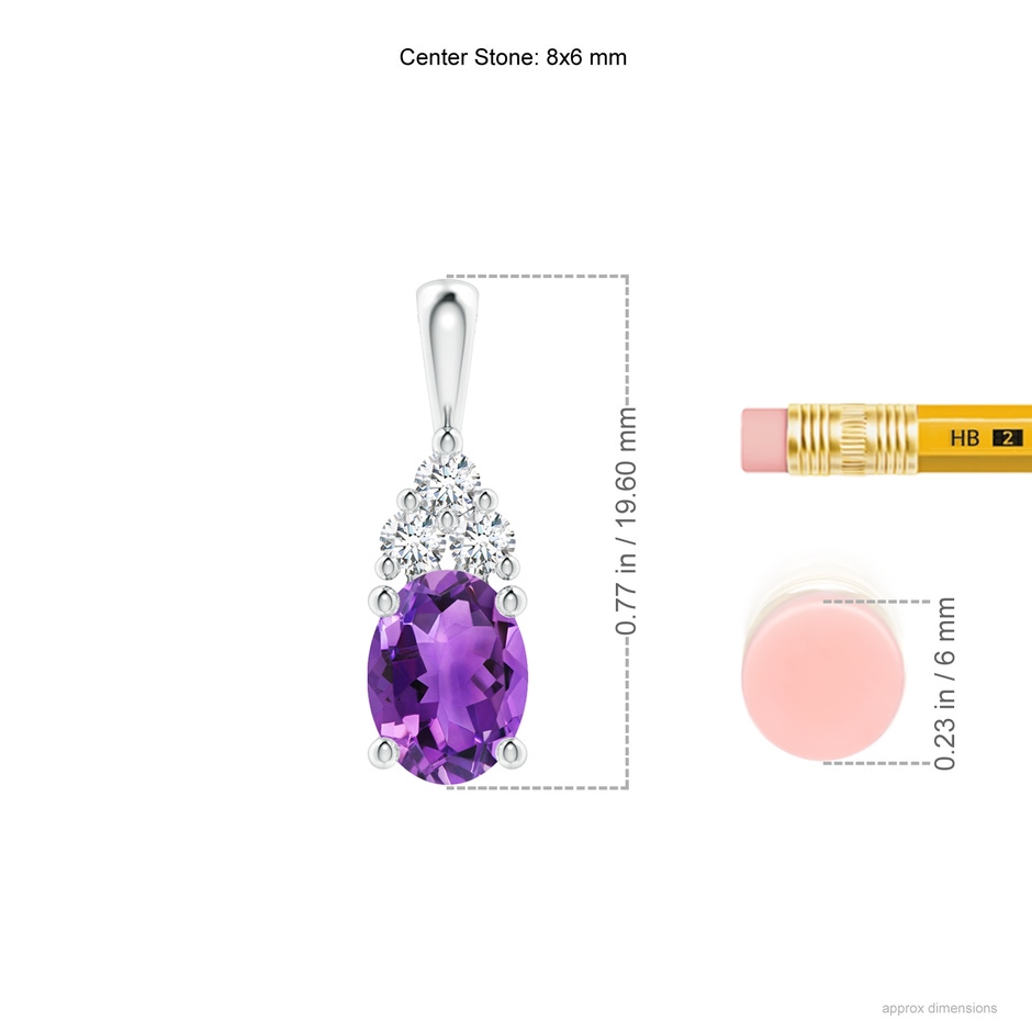 8x6mm AAA Oval Amethyst Solitaire Pendant with Trio Diamond in White Gold ruler