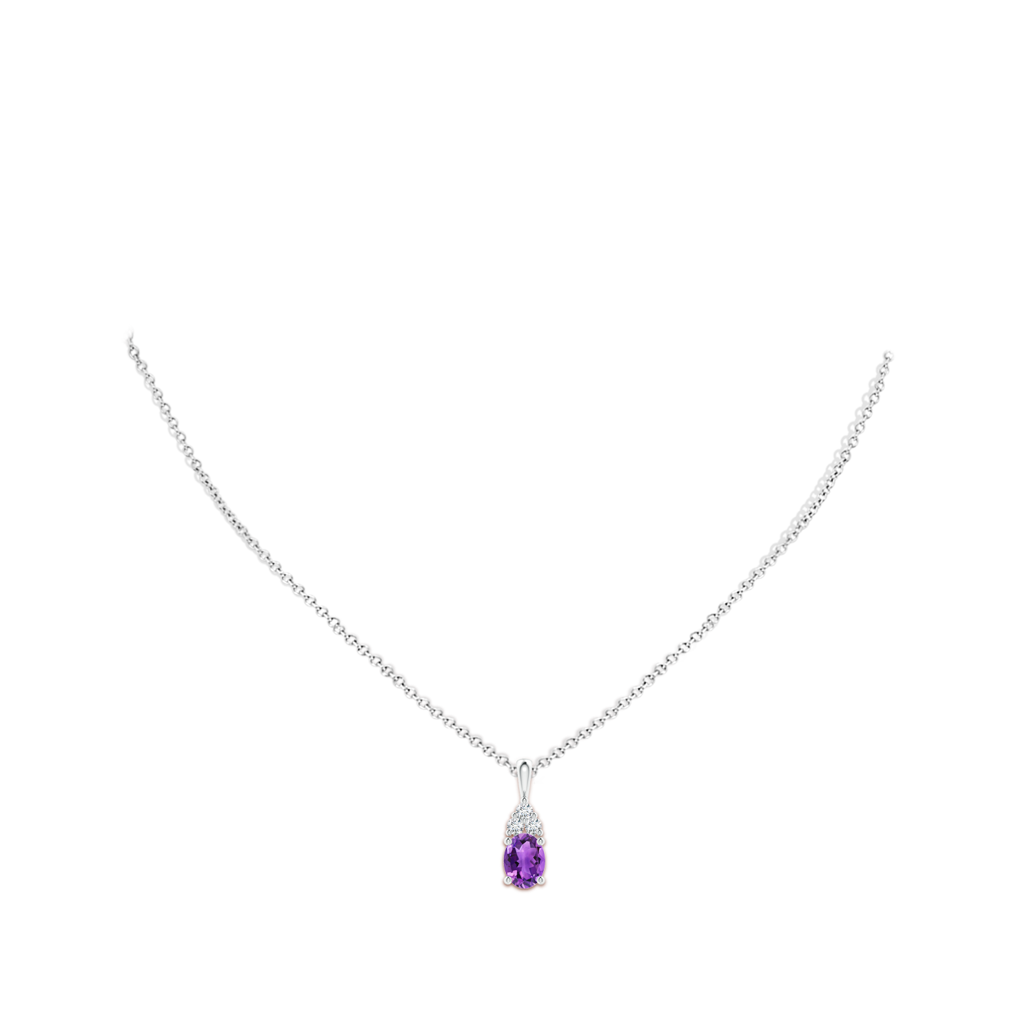 8x6mm AAA Oval Amethyst Solitaire Pendant with Trio Diamond in White Gold - body_neck